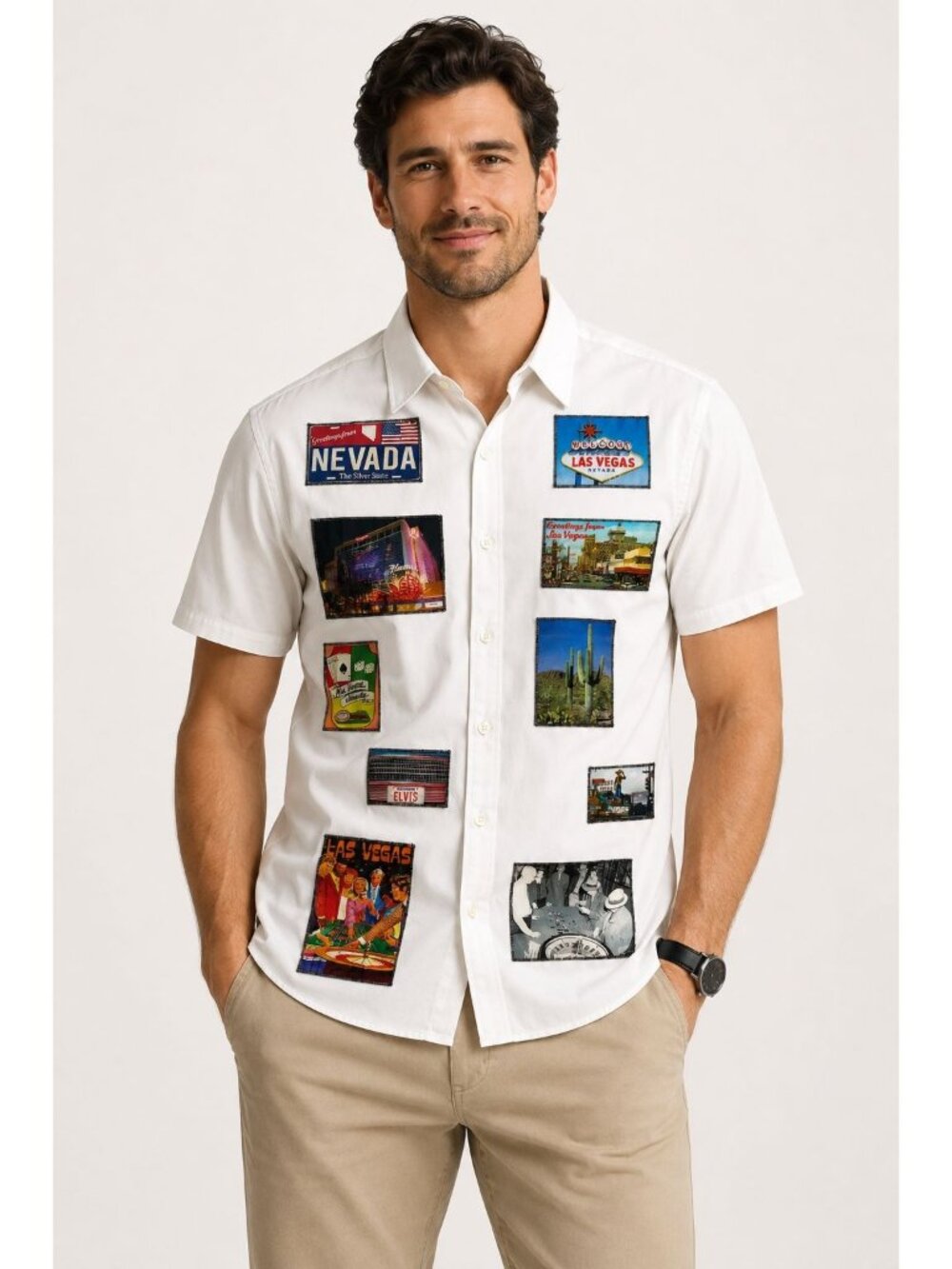 STOCK Vic Vegas Short Sleeve Patchwork Button Down Shirt White Size XL NWT
